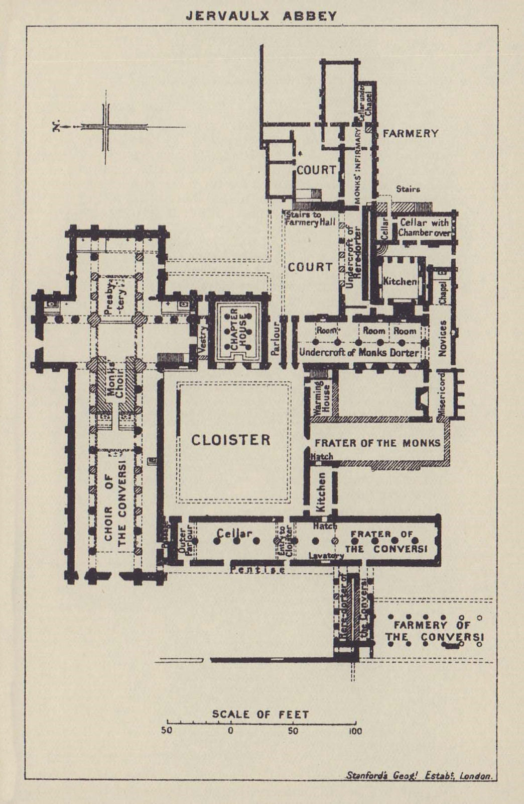 Jervaulx Abbey ground floor plan. Yorkshire 1920 old antique map chart